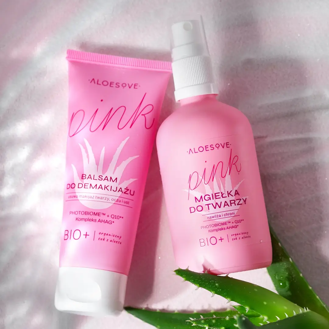 Aloesove Pink – balsam do demakijażu i mgiełka do twarzy z kompleksem AHAG i BIO+ sokiem z aloesu