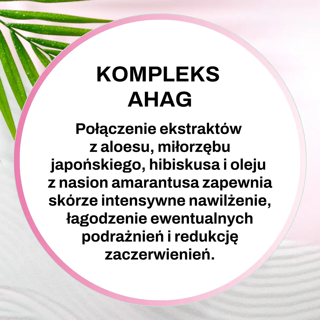 Kompleks AHAG: połączenie ekstraktów z aloesu, miłorzębu japońskiego, hibiskusa i oleju z nasion amarantusa zapewnia skórze intensywne nawilżenie, łagodzenie podrażnień i redukcję zaczerwienień